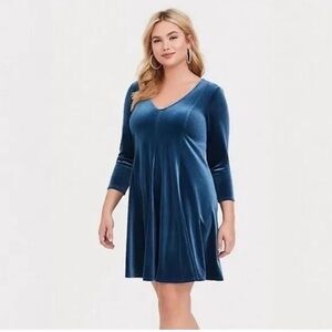 Torrid Teal Peacock Blue Velvet Long Sleeve A-line Swing Dress, Sz 2x 18/20